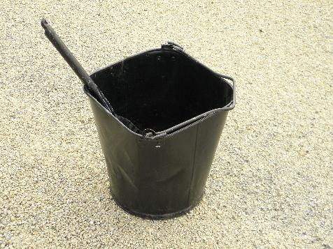 photo of vintage fireplace or wood stove ash bucket, square scuttle w/ shovel, old black paint #1