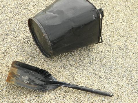 photo of vintage fireplace or wood stove ash bucket, square scuttle w/ shovel, old black paint #3