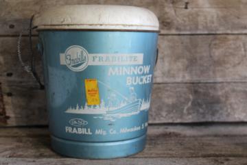 catalog photo of vintage fishing gear, minnow bait bucket w/ mid-century fisherman canoe graphics