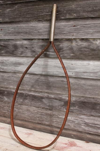 photo of vintage fishing landing net, large bent wood frame for netting - antique sporting equipment #1