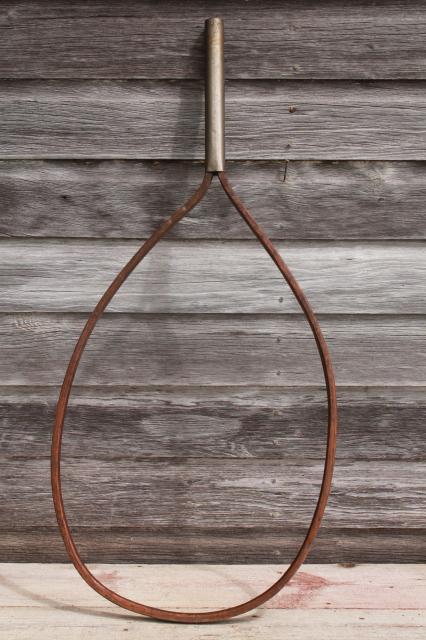 photo of vintage fishing landing net, large bent wood frame for netting - antique sporting equipment #2