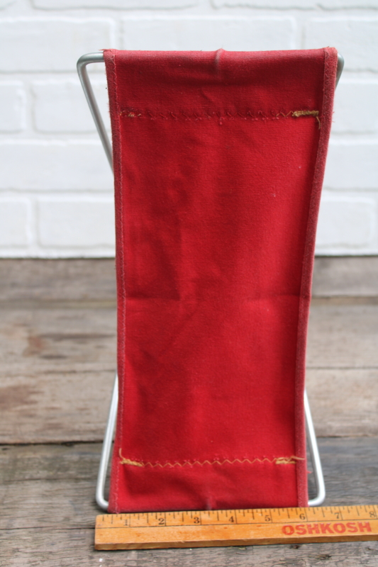 photo of vintage fishing or camp seat Old Pal folding stool, sturdy compact metal frame w/ red cotton canvas #3