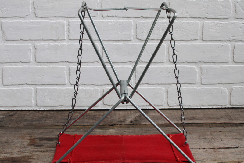 photo of vintage fishing or camp seat Old Pal folding stool, sturdy compact metal frame w/ red cotton canvas #4