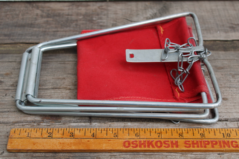 photo of vintage fishing or camp seat Old Pal folding stool, sturdy compact metal frame w/ red cotton canvas #6