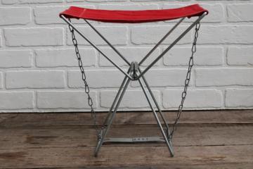 vintage fishing or camp seat Old Pal folding stool, sturdy compact metal frame w/ red cotton canvas 