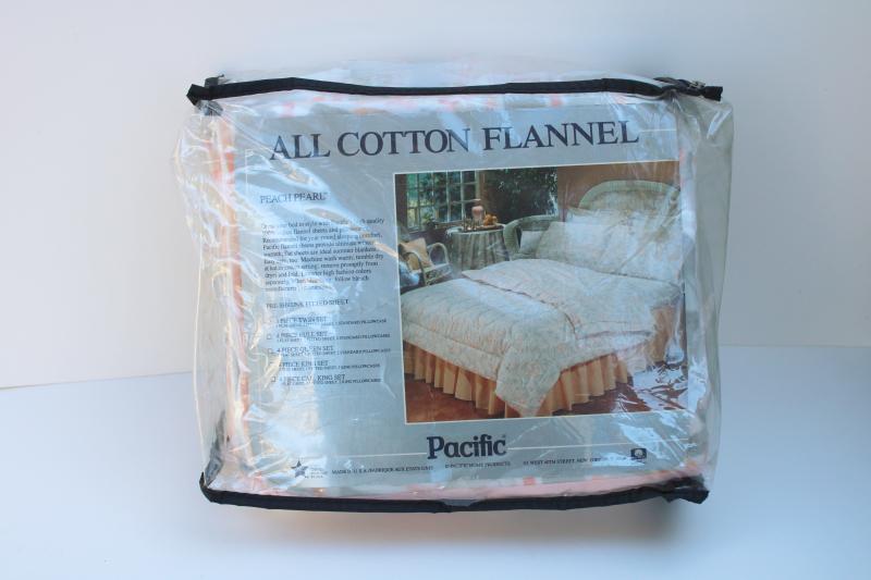 photo of vintage flannel twin sheets set, soft thick cotton fabric bedding coral / grey print #1