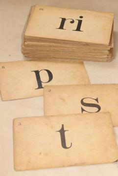 catalog photo of vintage flash cards, early reading letters phonics in retro 40s 50s typography