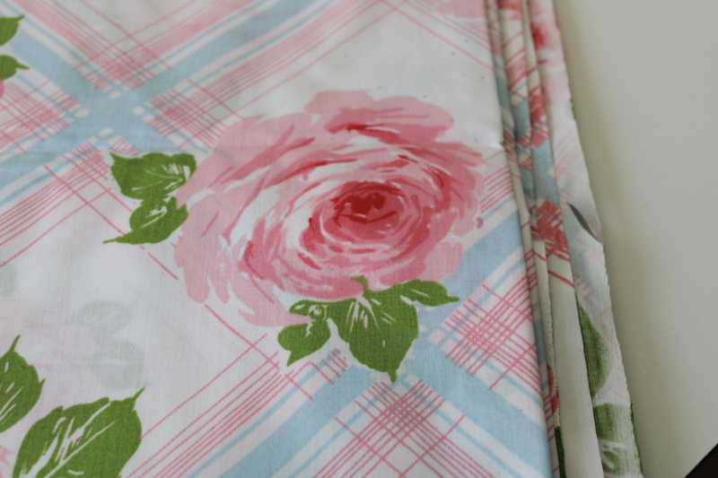 photo of vintage flat sheet for cutter fabric cabbage roses on pink blue plaid new w/ label factory flawed #2