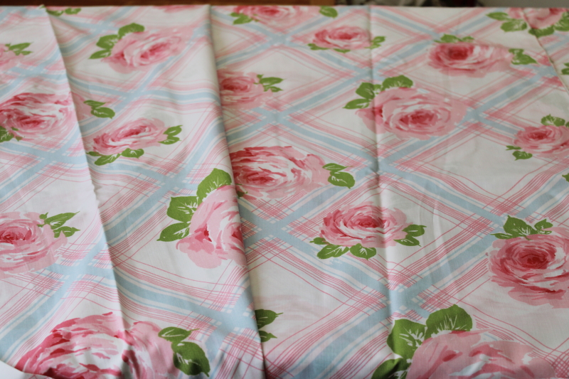 photo of vintage flat sheet for cutter fabric cabbage roses on pink blue plaid new w/ label factory flawed #5