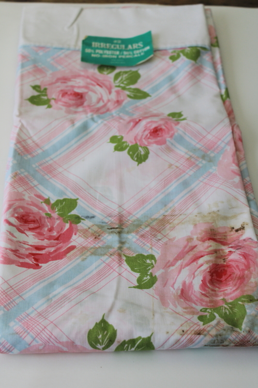 photo of vintage flat sheet for cutter fabric cabbage roses on pink blue plaid new w/ label factory flawed #6