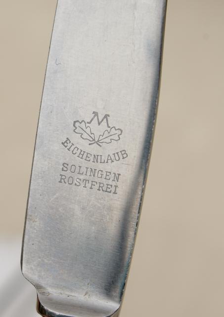photo of vintage flatware set w/ caramel bakelite handles, Eichenlaub Rostfrei Solingen knives #3
