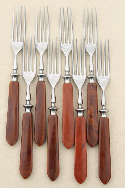 photo of vintage flatware set w/ caramel bakelite handles, Eichenlaub Rostfrei Solingen knives #5