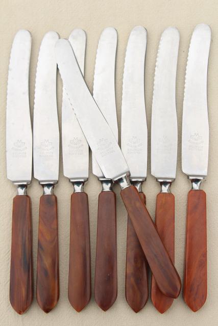 photo of vintage flatware set w/ caramel bakelite handles, Eichenlaub Rostfrei Solingen knives #10