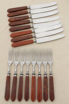 catalog photo of vintage flatware set w/ caramel bakelite handles, Eichenlaub Rostfrei Solingen knives