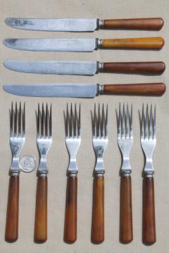 catalog photo of vintage flatware set, forks and knives w/ butterscotch carmel bakelite handles