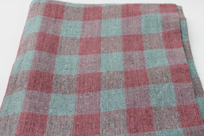 photo of vintage flax linen fabric rustic homespun weave gingham checks dusty teal & plum blush #1