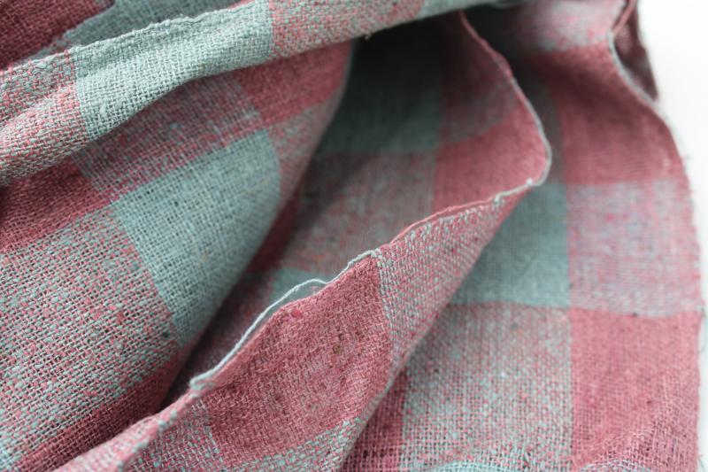 photo of vintage flax linen fabric rustic homespun weave gingham checks dusty teal & plum blush #2