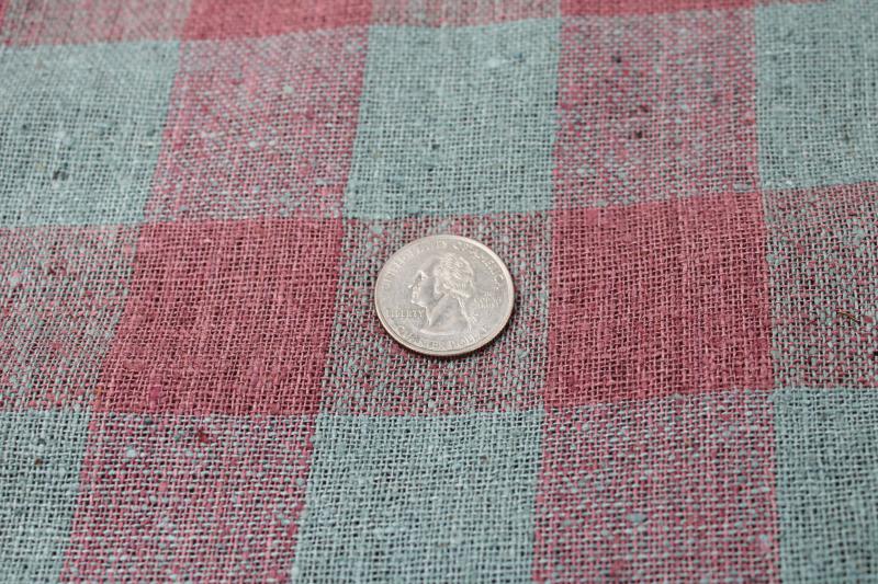 photo of vintage flax linen fabric rustic homespun weave gingham checks dusty teal & plum blush #3