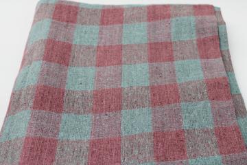 catalog photo of vintage flax linen fabric rustic homespun weave gingham checks dusty teal & plum blush