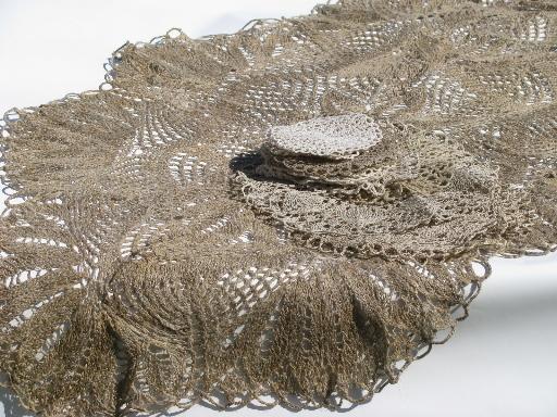 photo of vintage flax linen lace table mats and table cover cloth, lacy crochet #1