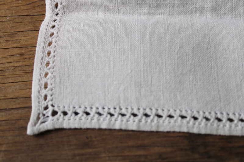 photo of vintage flax linen napkins w/ drawn thread openwork border, natural color linen cloth napkins set  #2