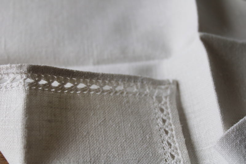 photo of vintage flax linen napkins w/ drawn thread openwork border, natural color linen cloth napkins set  #3
