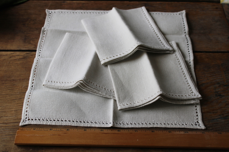 photo of vintage flax linen napkins w/ drawn thread openwork border, natural color linen cloth napkins set  #4