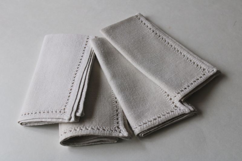 photo of vintage flax linen napkins w/ drawn thread openwork border, natural color linen cloth napkins set  #5