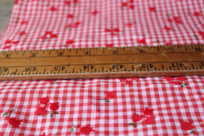 photo of vintage flocked flowers fabric, red gingham checked cotton poly tiny tulips #1