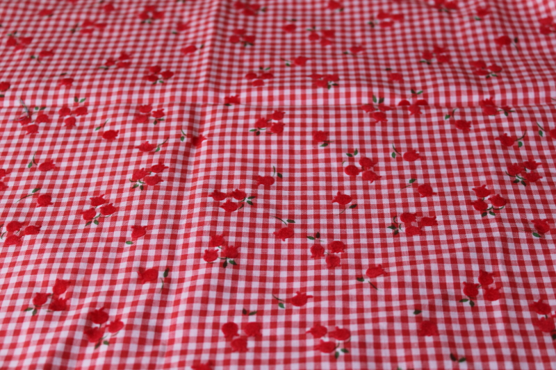 photo of vintage flocked flowers fabric, red gingham checked cotton poly tiny tulips #3