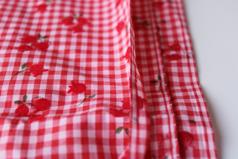 photo of vintage flocked flowers fabric, red gingham checked cotton poly tiny tulips #4