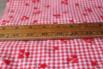 catalog photo of vintage flocked flowers fabric, red gingham checked cotton poly tiny tulips