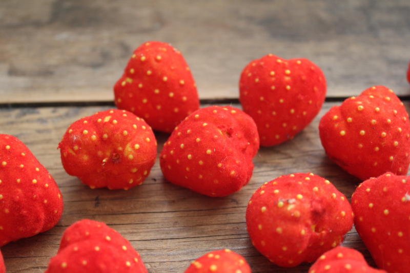 photo of vintage flocked plastic strawberries, sweet cute retro faux fruit for wreaths, spring decor, bowl fillers  #3