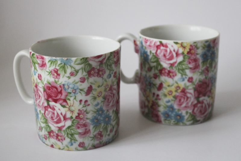 photo of vintage floral chintz china mugs, cute colorful flowered print tea or coffee cups  #1