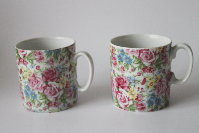 photo of vintage floral chintz china mugs, cute colorful flowered print tea or coffee cups #2