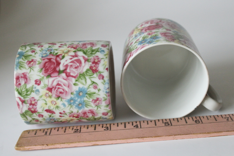 photo of vintage floral chintz china mugs, cute colorful flowered print tea or coffee cups #5