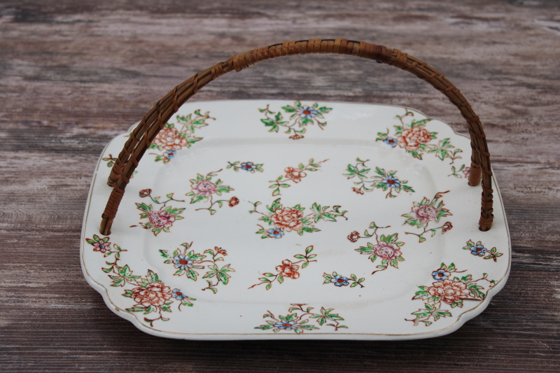 photo of vintage floral chintz china serving plate, square tray w/ basket handle old Japan backstamp #1