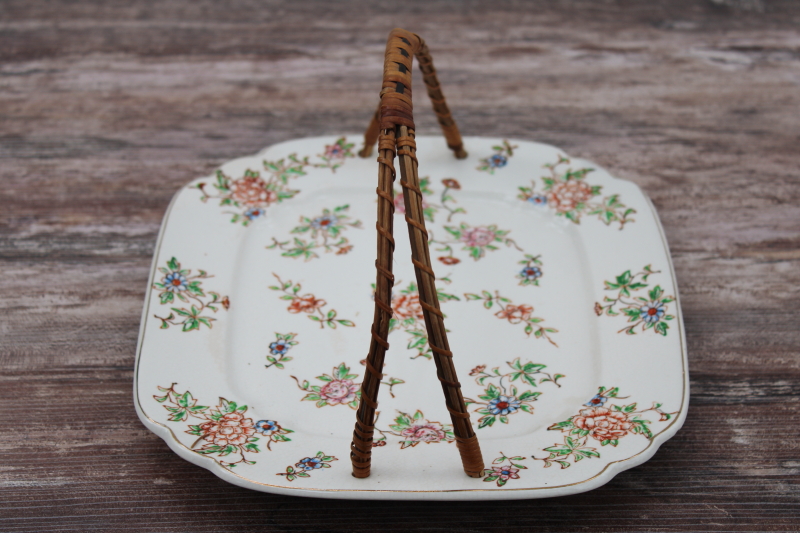 photo of vintage floral chintz china serving plate, square tray w/ basket handle old Japan backstamp #3