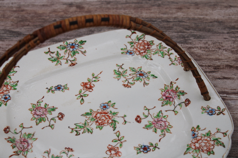 photo of vintage floral chintz china serving plate, square tray w/ basket handle old Japan backstamp #4