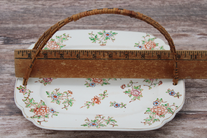 photo of vintage floral chintz china serving plate, square tray w/ basket handle old Japan backstamp #7