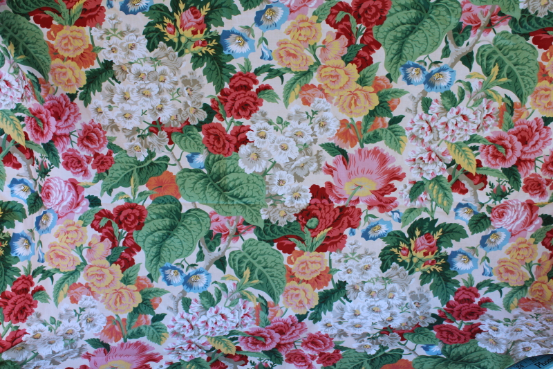 photo of vintage floral polished cotton chintz fabric, bright mix on white garden flowers print #1