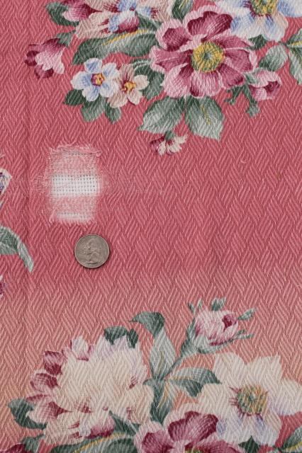 photo of vintage floral print cotton barkcloth fabric, flowers on faded pink, shabby cottage chic #5