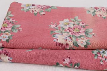 catalog photo of vintage floral print cotton barkcloth fabric, flowers on faded pink, shabby cottage chic