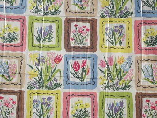 photo of vintage floral print cotton chintz fabric, blocks of bright spring flowers #1