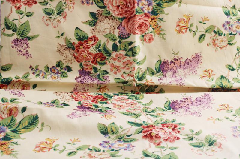 photo of vintage floral print cotton decorator fabric, cottage chic flowers lilacs & roses  #1