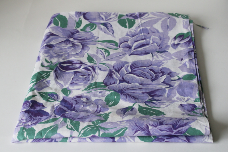 photo of vintage floral print cotton fabric, large roses lavender blue & cool green on white  #1
