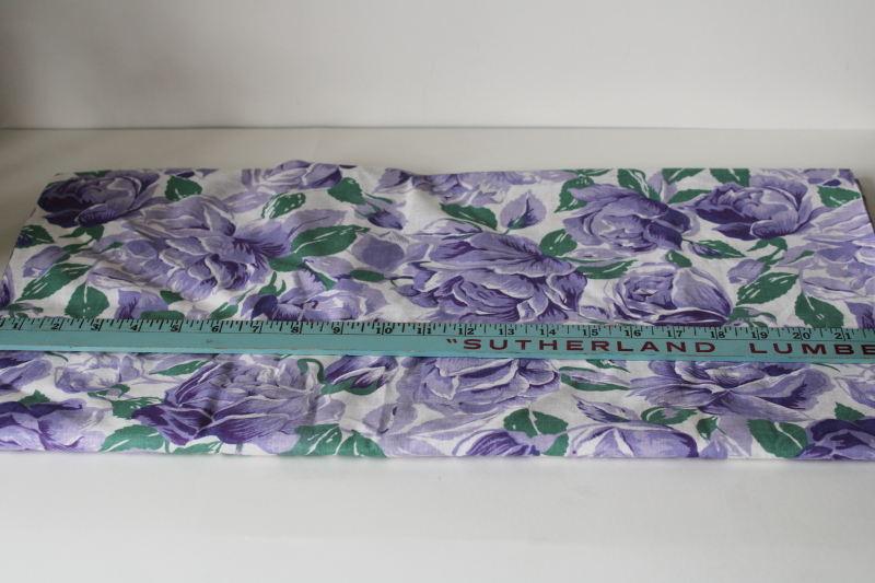 photo of vintage floral print cotton fabric, large roses lavender blue & cool green on white #2