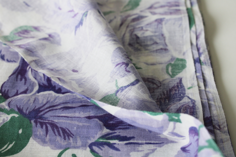 photo of vintage floral print cotton fabric, large roses lavender blue & cool green on white #3