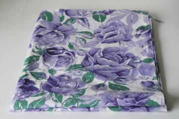 catalog photo of vintage floral print cotton fabric, large roses lavender blue & cool green on white 