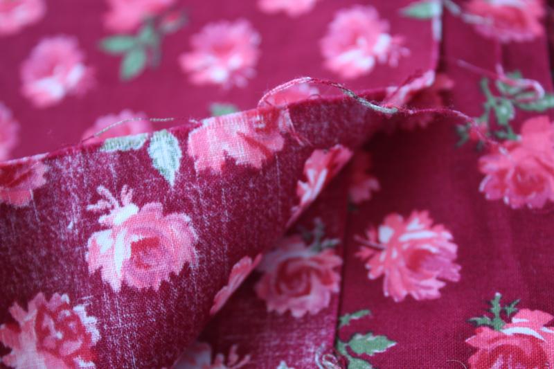 photo of vintage floral print cotton fabric, pink roses or carnations on burgundy red #1